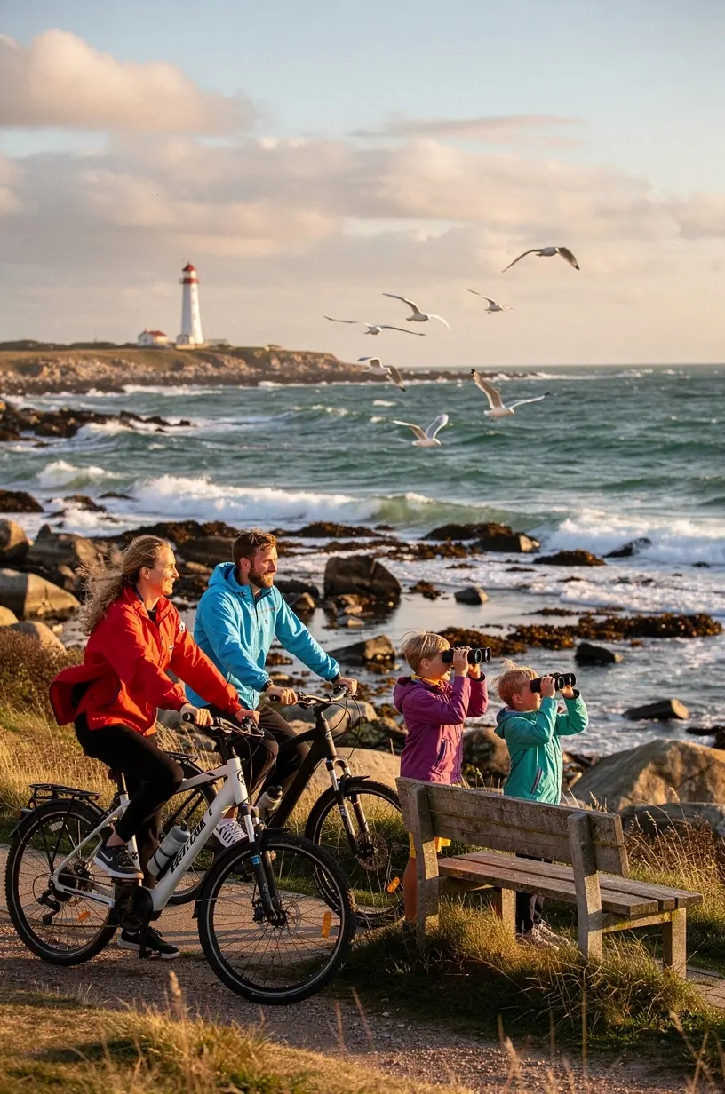 Familie der cykler langs en afmærket rute med skiltning og faciliteter